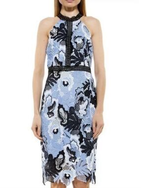 NWT Alexia Admor Boston Proper Celine Halter Floral Lace Sheath Dress Blue Sz 2